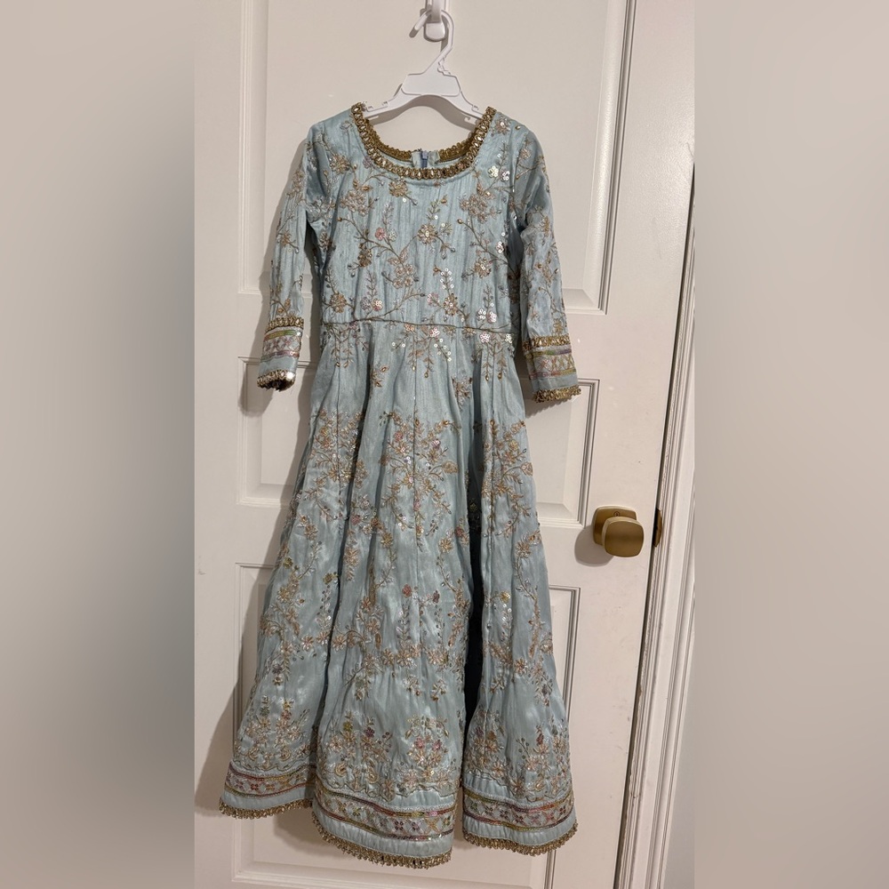 Light Blue Embroidered Girls' Party Dress with Gold Trim